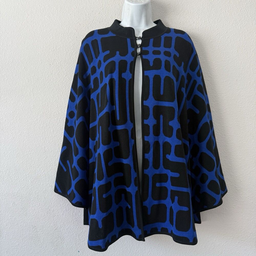 Ming Wang Geometric Knit Cape Poncho Jacket 1X Blue Black Mod Lagenlook Career